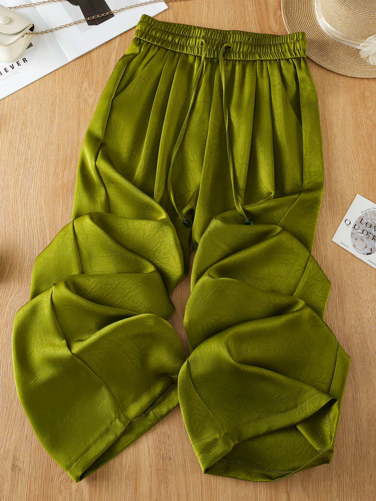 Acetate Satin Wide Leg Pants Women Summer Thin High Waist Drape Cool Casual Ice Silk Straight Leg Pants Loose Fit High Waist