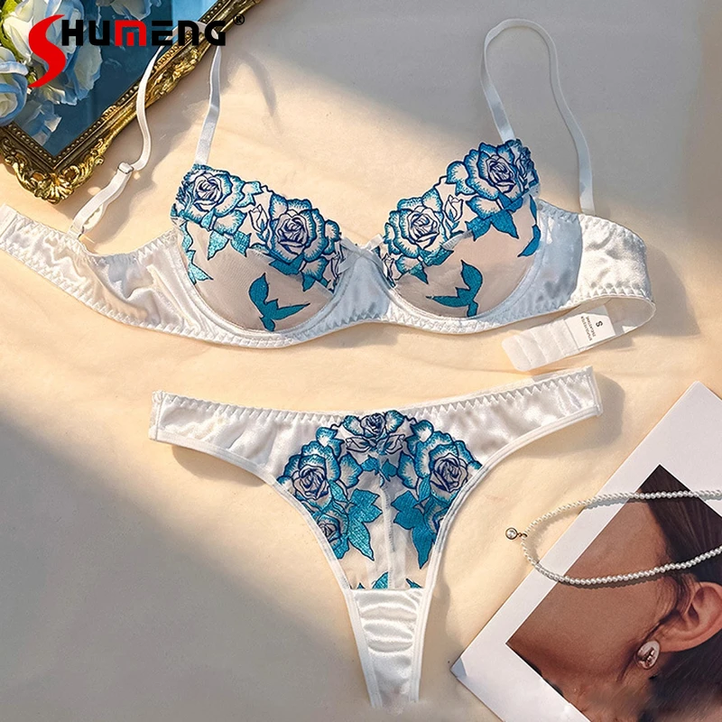 French Sexy Lingerie Outfits for Women Pure Embroidered Blue Floral Bra Set Female Underwire Push Up Ultra Thin Brief Suits
