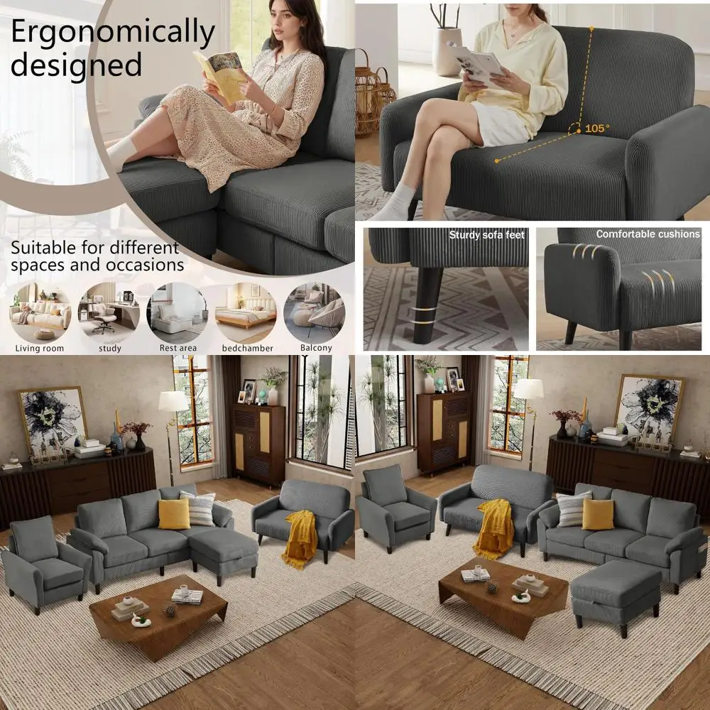 

4 Piece ern Corduroy Soa Set, L-Shaped Sectional Couch with Storage Ottoman, Loveseat & Single Arm Chair, Side Storage kets, Rem