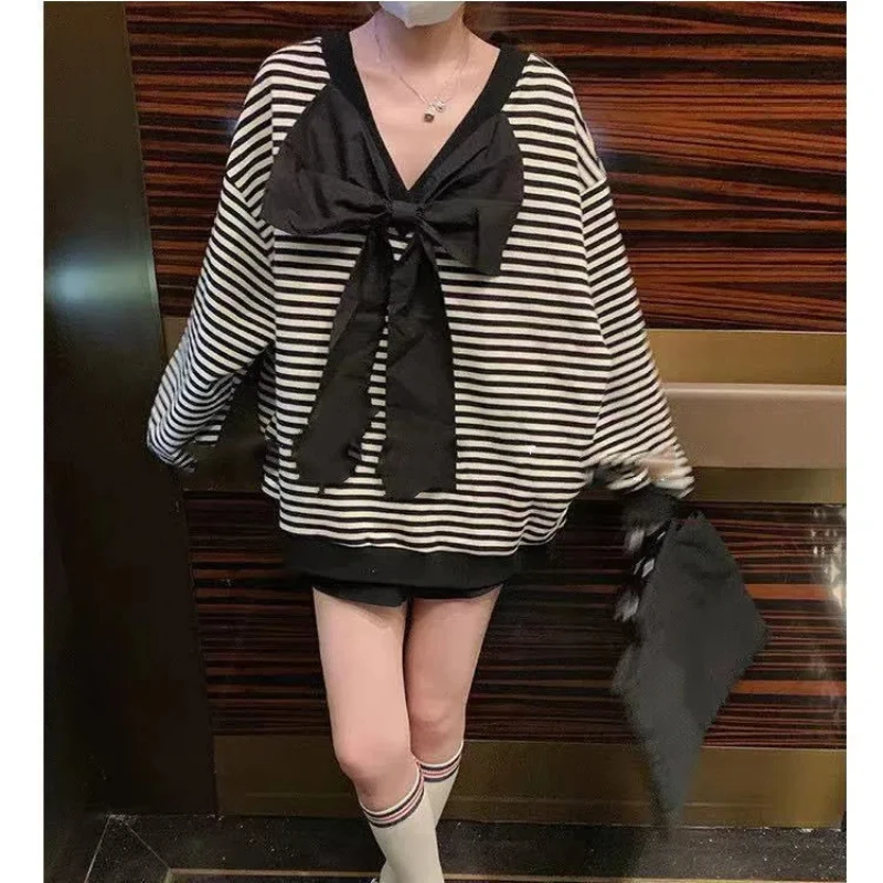 Spring Autumn New Front Back Two Wearing Bow Hoodies Long Sleeve Striped Loose Lazy Pullovers Top Fashion Casual Women Clothing