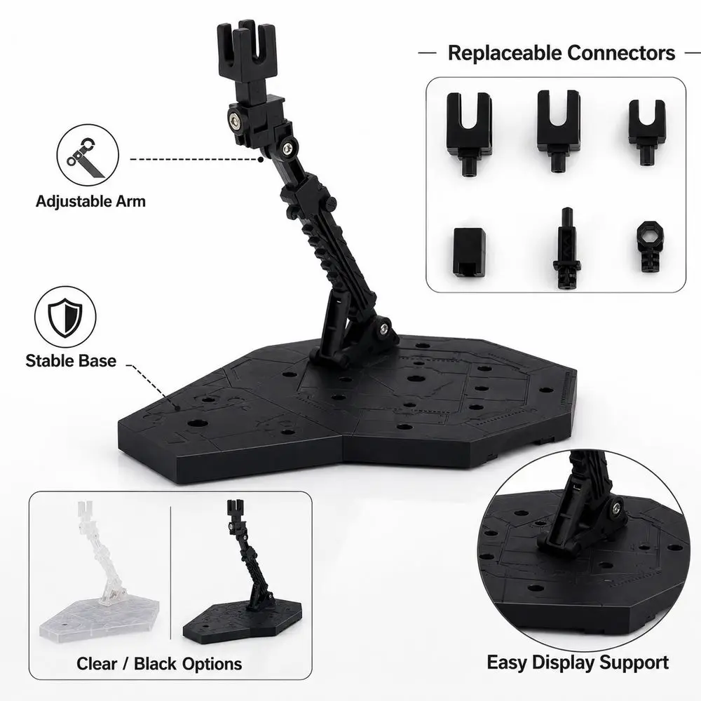 Plastic Action Figure Stand Replaceable Connectors Flexible Support Model Support Stand Adjustable Arm Clear Base