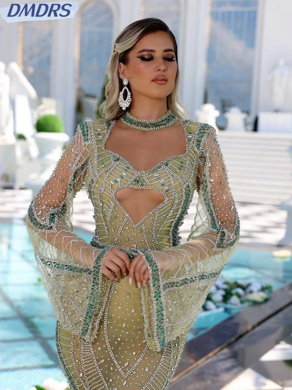 Luxury Dubai Mermaid Long Prom Gown Sexy Illusion Cocktail Dresses Sparkly Rhinestones Evening Dress Customized Robe De Mariée