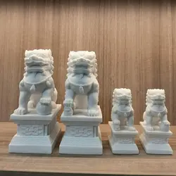 Pair of Peking Fu Foo Dogs Statues White Marble Jade Feng Shui Decor 11Cm/4.3In