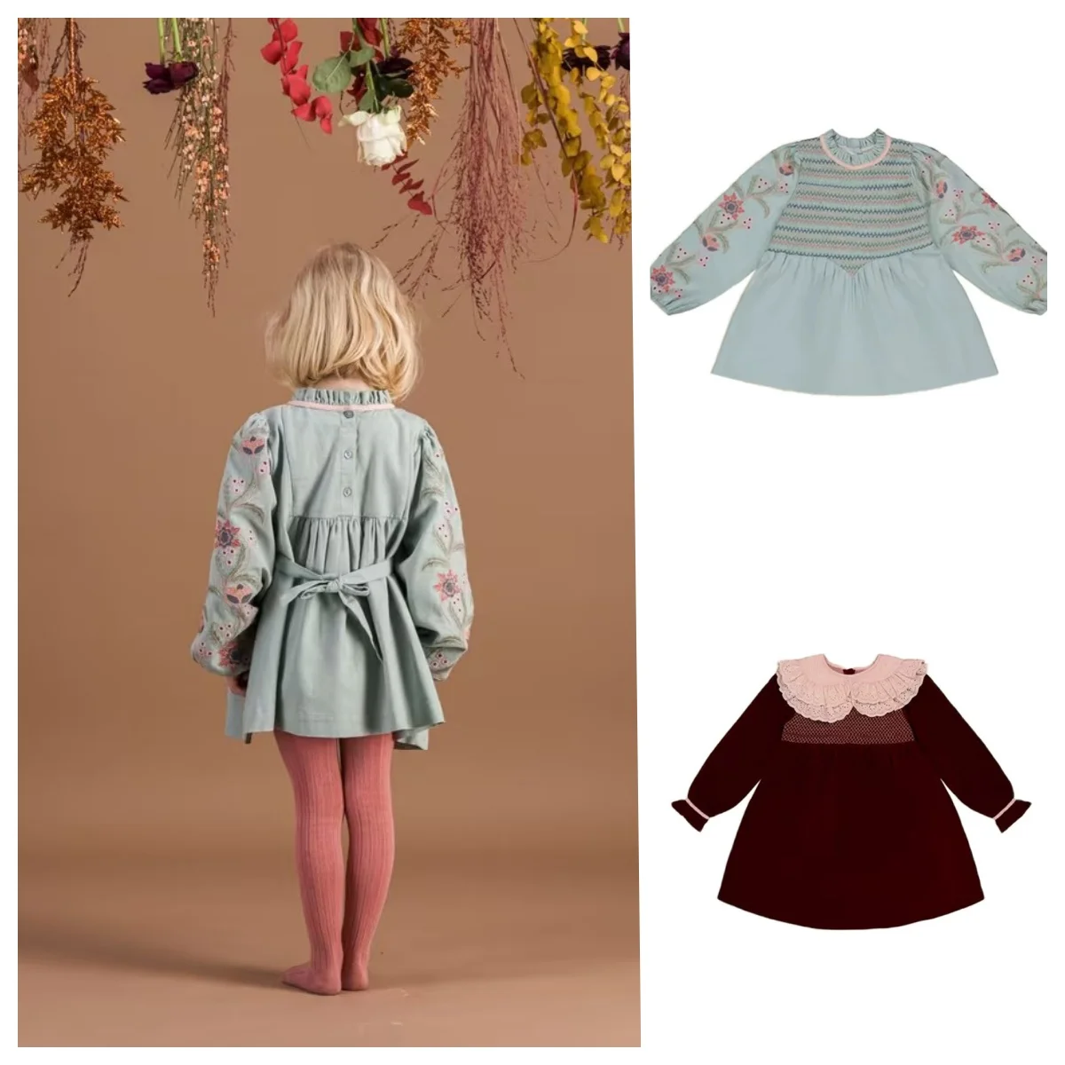 

Children's Clothes New Autumn Winter Girls Christmas Princess Embroidery Dress Baby Girls Velvet Long Sleeve Shirts Shorts Set