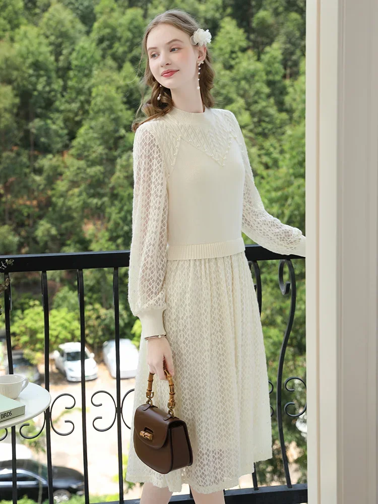 I BELIEVE YOU French Hairy Lace Pearl Splicing Knitted Long Sleeve Dresses Women 2024 Elegant Fake Two Pc Midi Dress CMQ235316A