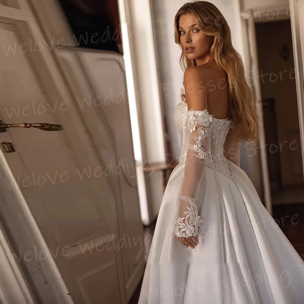 Simples uma linha vestidos de casamento feminino rendas apliques sem costas robe de mariée personalizado vestidos de noiva manga longa novia