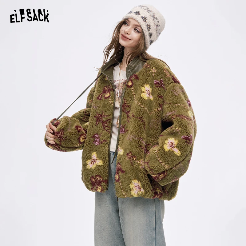 ELFSACK 2025 Winter New Arrivals Y2K Chinese Inspired Design Floral Graphic Coat For Women