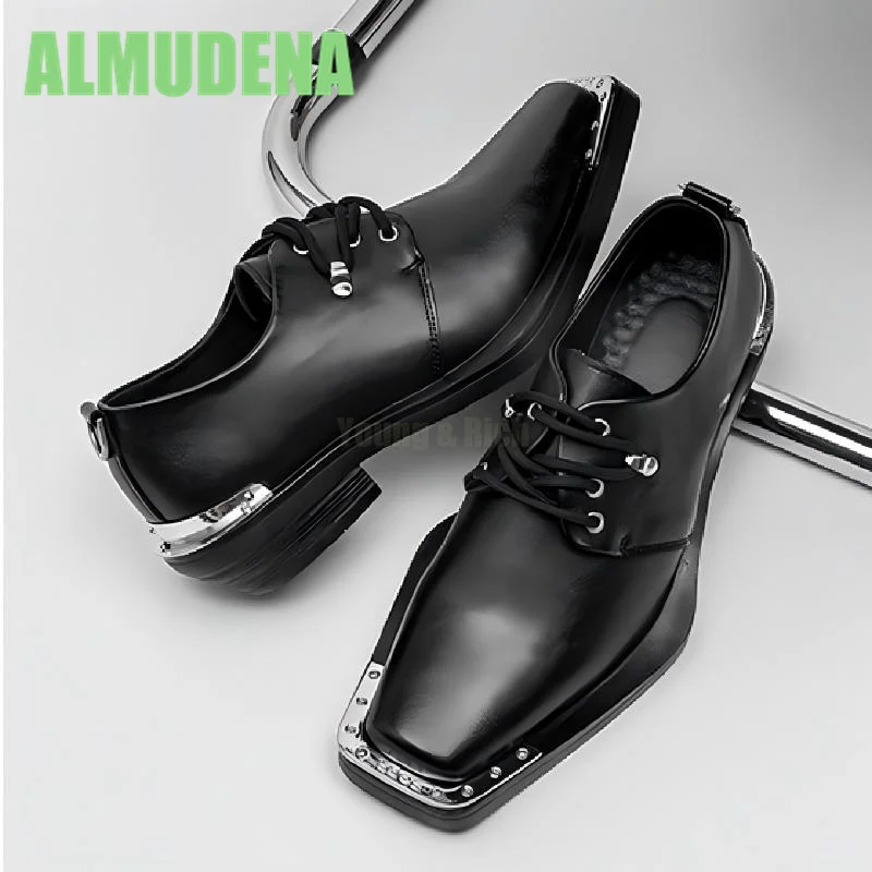 Metal Upturned Casual Leather Shoes Fashionable Square Toe Thick Sole Simple Lace Up Design Mid Heeled Derby Shoes