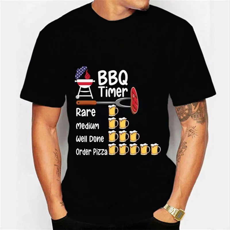 BBQ TIMER Shirt Men\'s T-shirt BEER Print Short Sleeve Sweatshirt Summer T Shirt Pullover Tops Oversized Breathable Tees Shirt