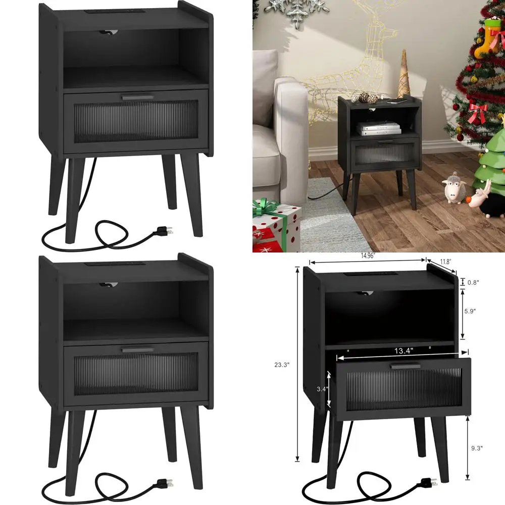 

Black Dual-Tier Nightstand with Charging Station for Bedrooms and Living Rooms - CAMLBZ07BE