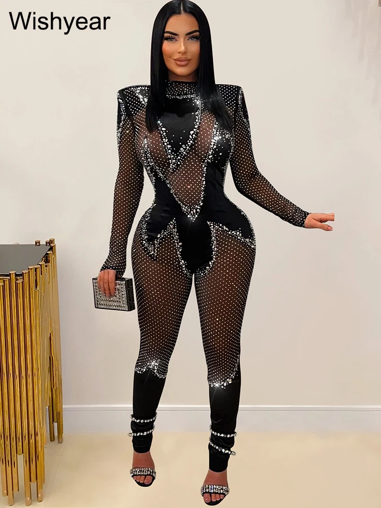 Wishyear Luxury Rhinestones Sparkle Long Sleeve Skinny Mesh Black Jumpsuits Women\'s Birthday Sexy Night Club One Piece Rompers