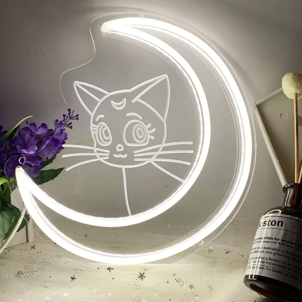 Sailor Moon Luna Cat LED Neon Sign 10X10in Cartoon Neon Signs Custom Anime Led Neon Sign Kawaii Light Decor Wall Hanging USB 5V