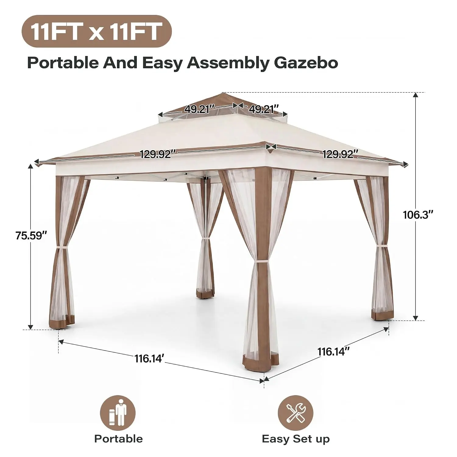 11x11 Pop Up Gazebo with Mosquito Netting, One Push Instant Canopy Tent, Portable Outdoor Gazebo with Sidewalls, Customized