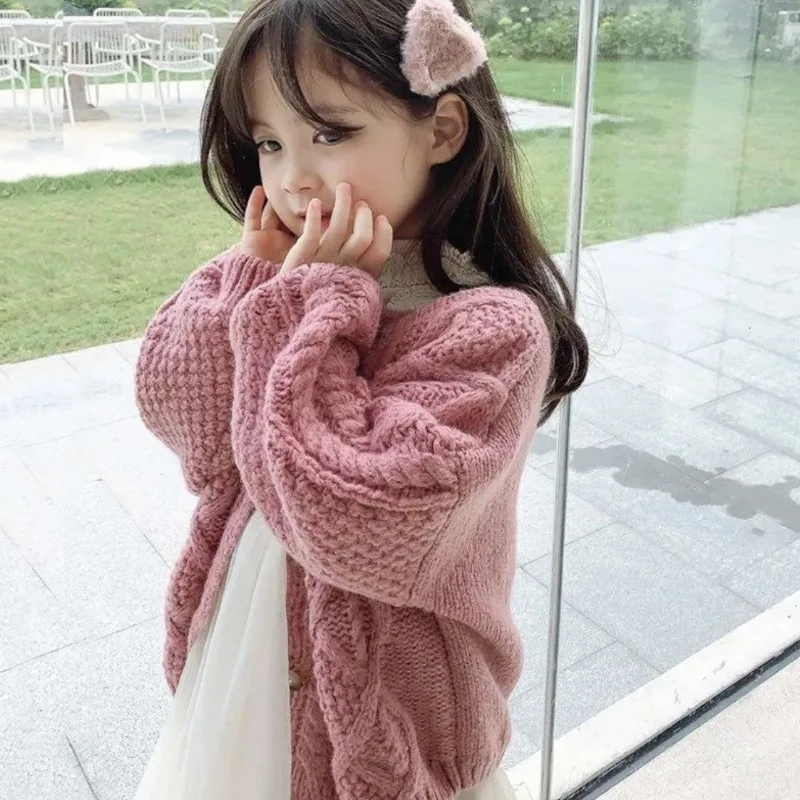 Pink Coffee Grey Oversized Loose Chunky Cardigans Jackets For Baby Boys Girls Korean Cotton Autumn Winter Knitted Sweaters Coats