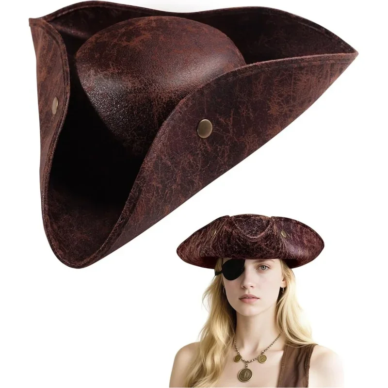 Brown Vintage Faux Leather Pirate Tricorn Hat For Men Women Distressed Captain Costume Accessory Halloween Cosplay Prop
