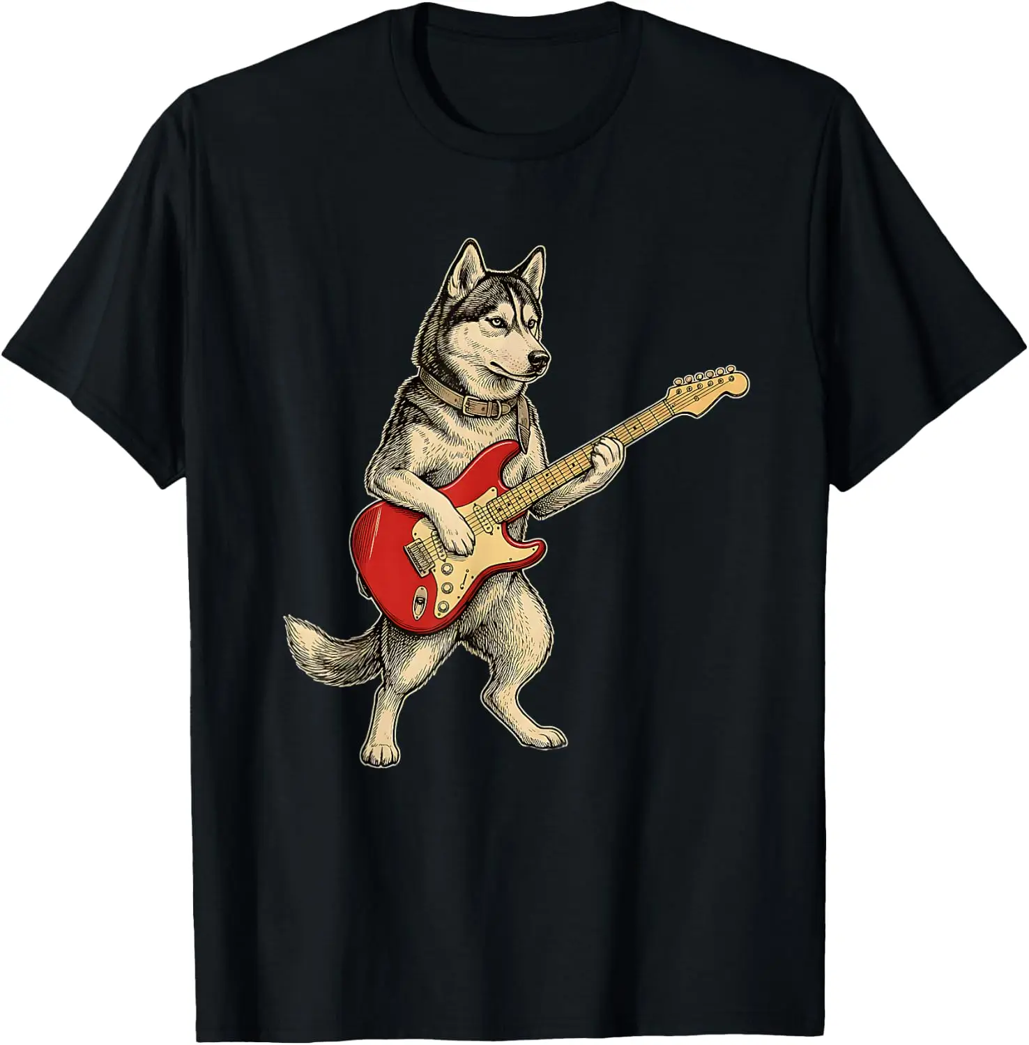 Siberian Husky Dog Playing Electric Guitar Rocker Rockstar Tee – Soft, & 100% Cotton Trendy Y2K Short-Sleeve Tee-Soft,
