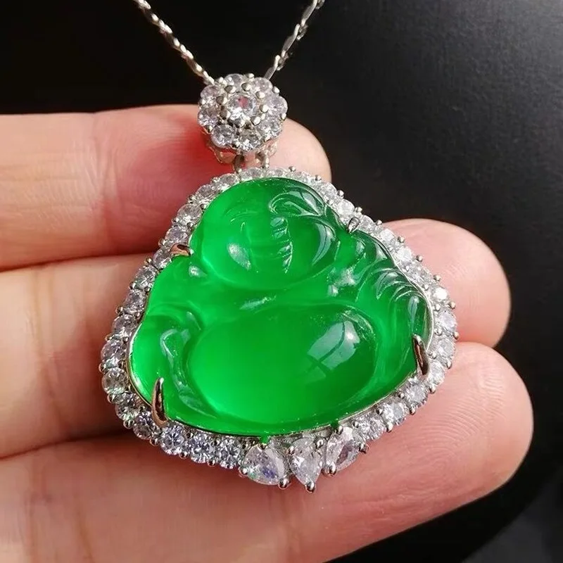 Emerald green Laughing pendant made of quartzite with an icy texture featuring a Maitreya Buddha carving a luxurious n