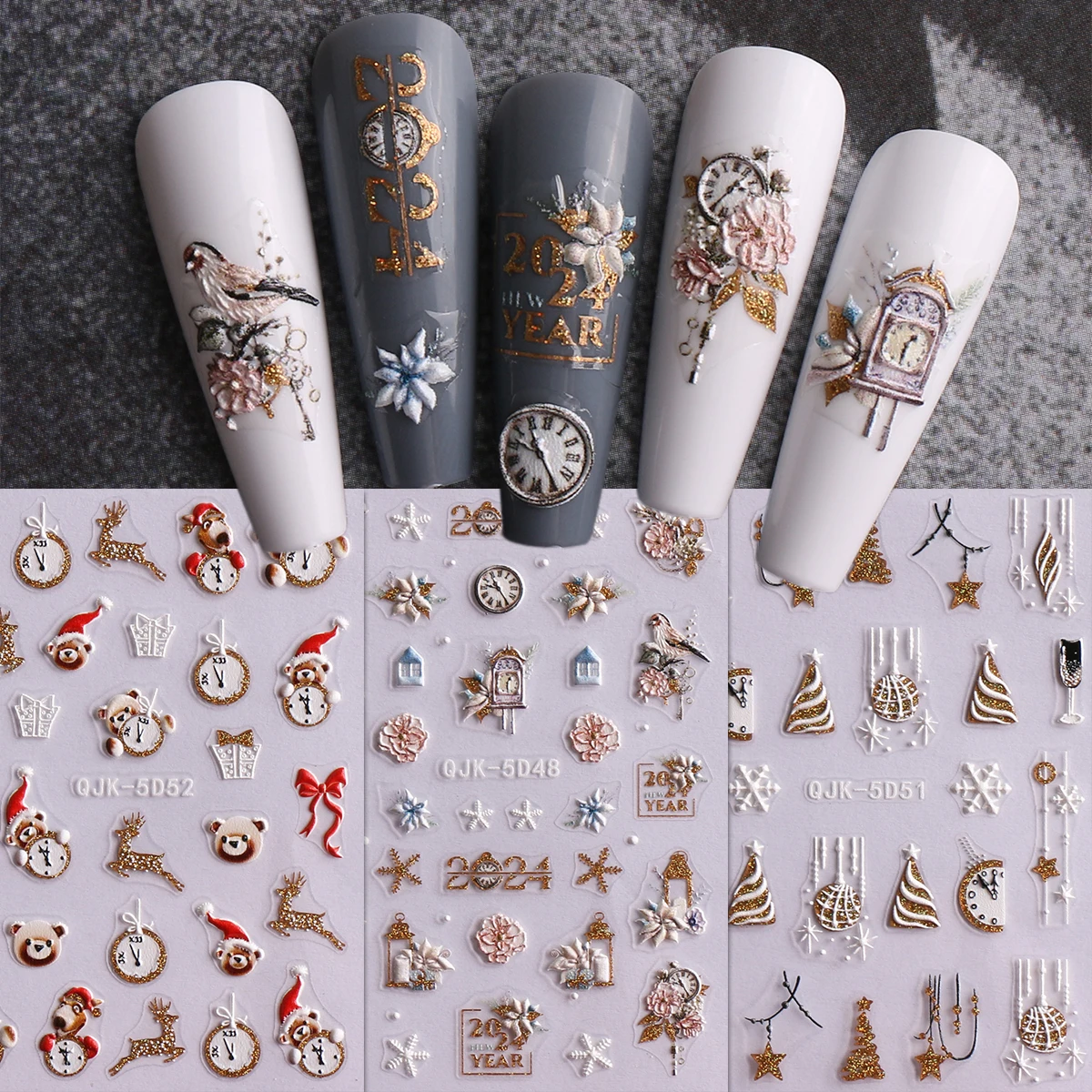 3pcs Christmas and New Year cartoon nail art embossed stickers, easy to apply for nail decoration, DIY, gifts, party makeup styl