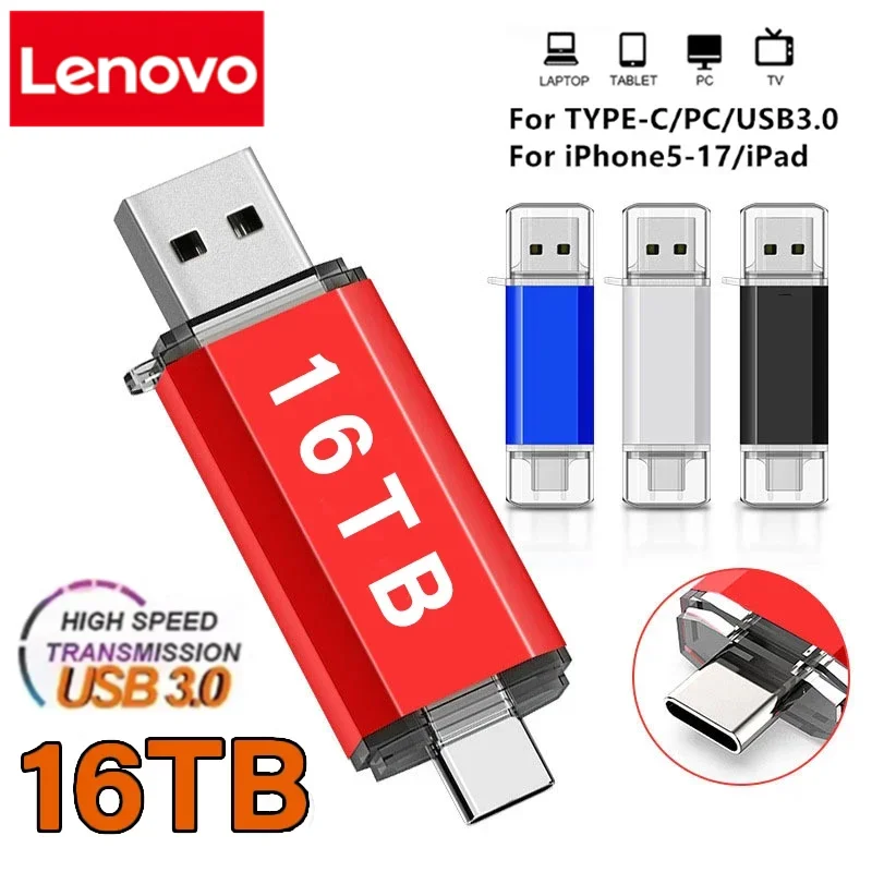 Lenovo 16TB 2 In 1 OTG USB Flash Drive 3.0 Type C 8TB 2TB Pendrive For iPhone Samsung Huawei Xiaomi Android Laptop Memory Stick