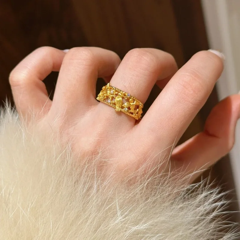 New in vintage palace style hollow out magpie rings for women Exquisitely carved brushed diamond ring wedding jewelry