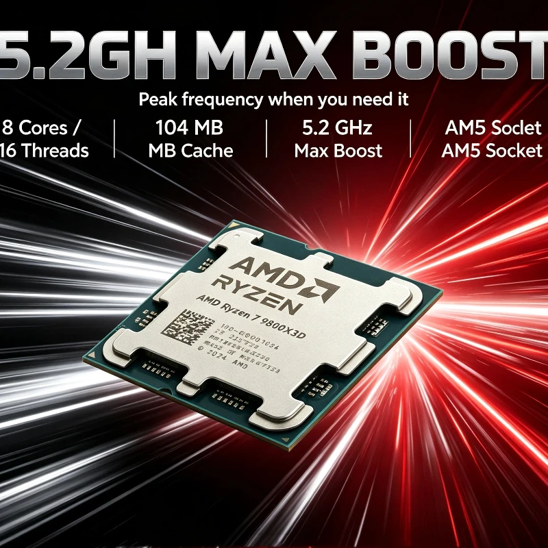High Performance Gaming CPU R7 9800X3D AMD 8‑Core 16‑Thread 4.7GHz 96M 3D V‑Cache AM5 Socket DDR5 4NM 120W No Fan