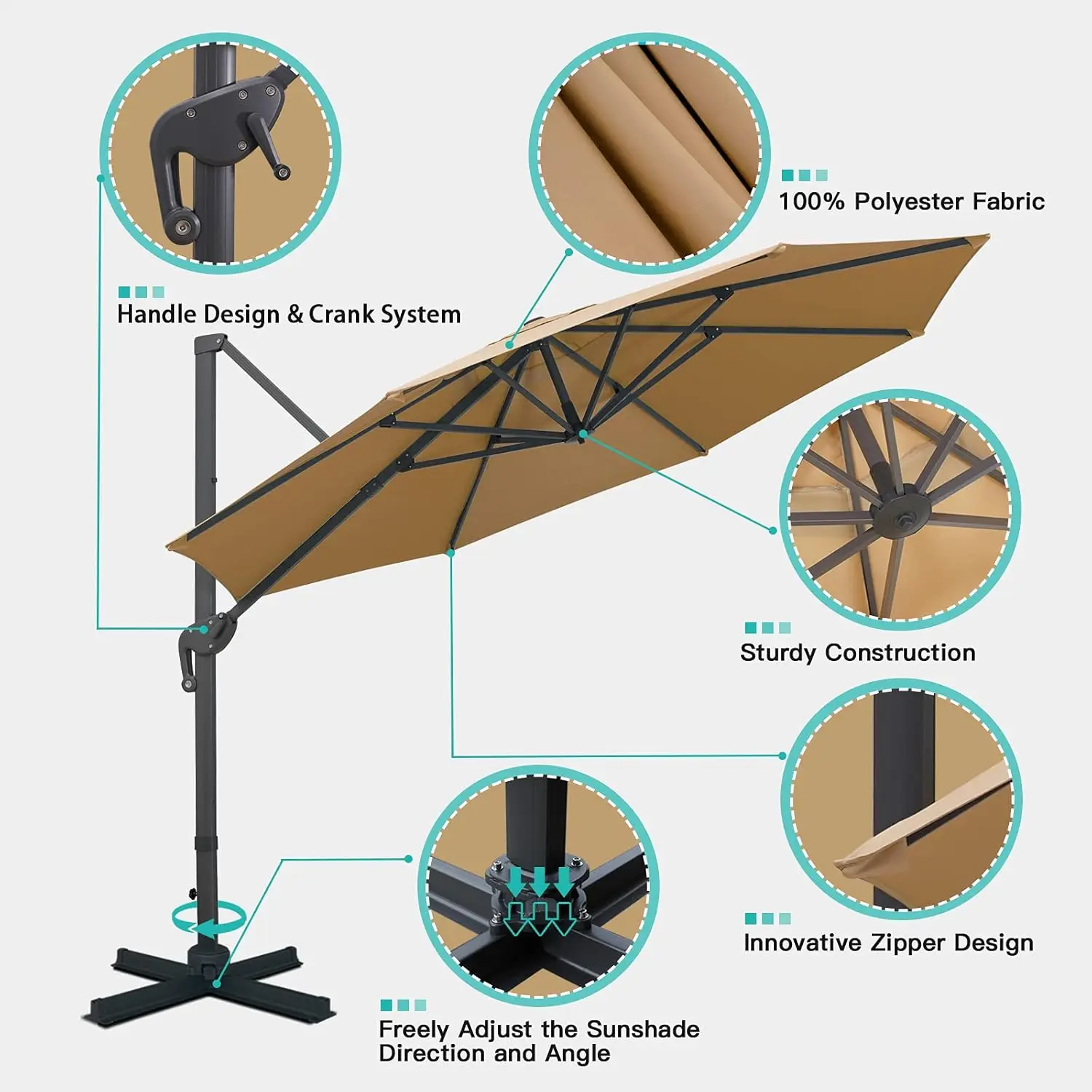 Cantilever Patio Umbrella Round Deluxe Offset Umbrella 360°Rotation & Integrated Tilting System Heavy Duty Patio