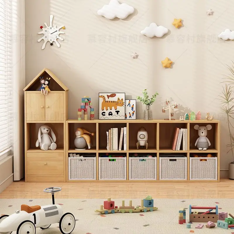 Solid wood children's bookshelf shelf floor-to-ceiling toys simple locker cabinet living room home storage bookcase grid