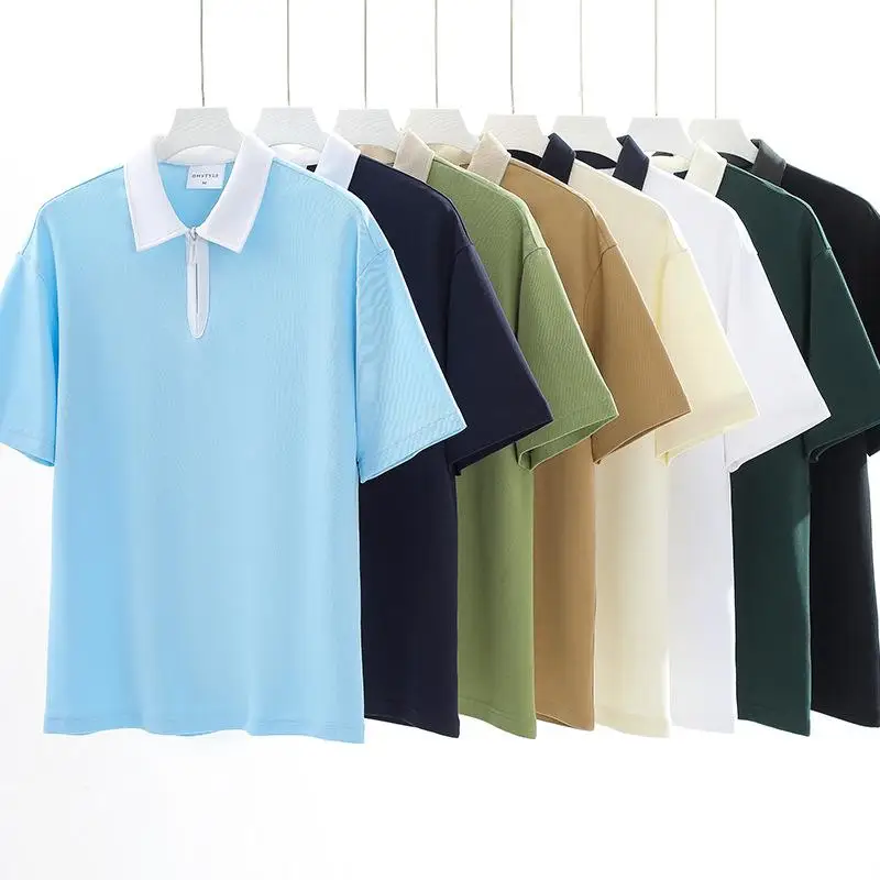 230g Pearl Cotton Half Zipper Men's Polo Shirt Printed Personalized LOGO Loose Contrasting Collar Short Sleeved Cultural Shirt