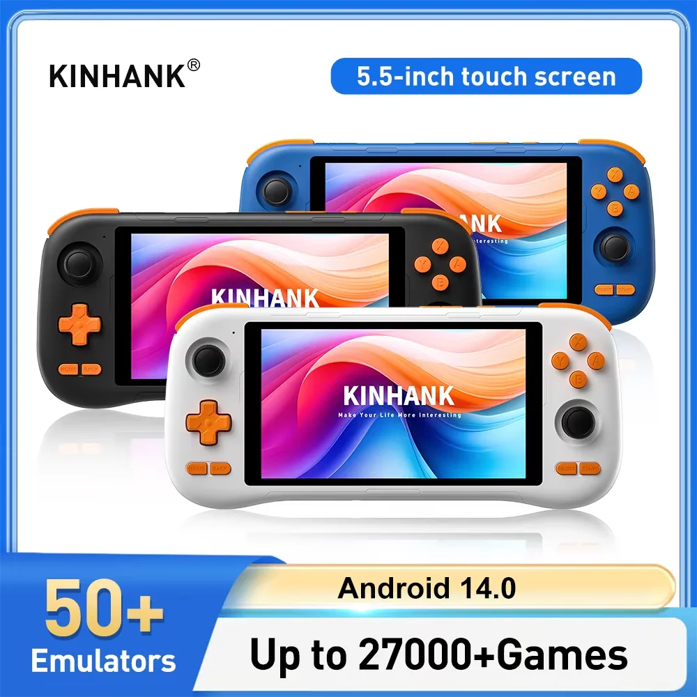 KINHANK K56 Console de jeu portable 5.5 ''écran tactile 50 émulateurs pour PS1/PSP/DC/SS Android 14 5000mAh WIFI5 lecteur de jeu rétro