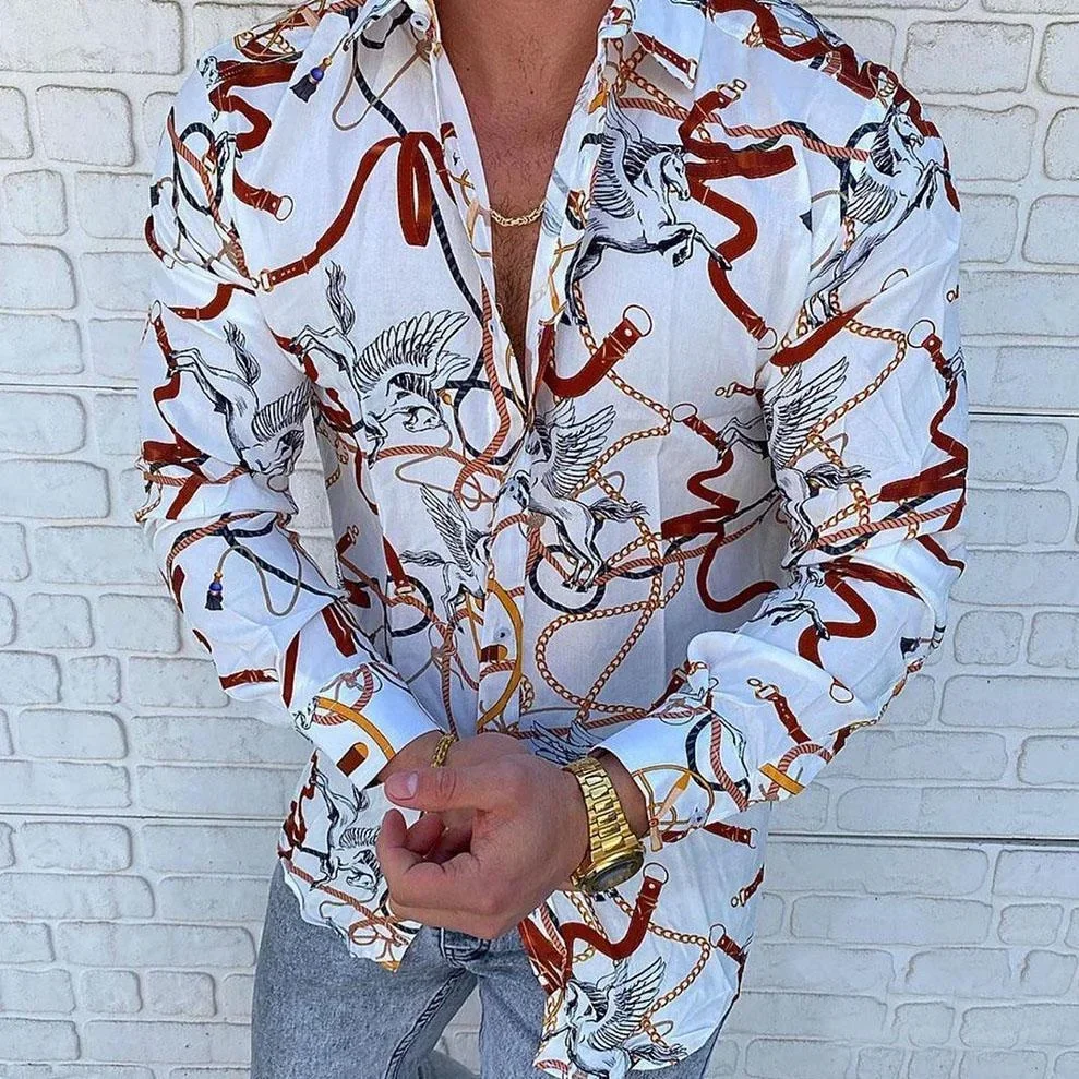 Mode Luxe Man Shirt Revers Overhemd Met Knopen Casual Designer Print Tops Met Lange Mouwen Heren Kleding Sociaal Vest Shirt