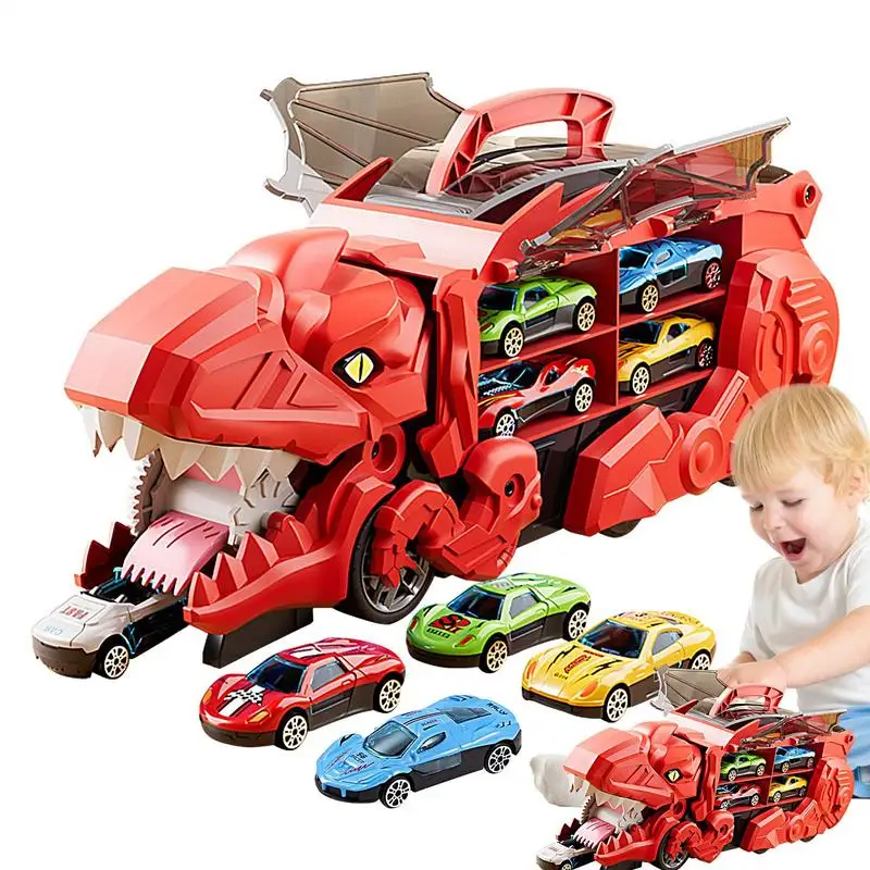 Dinosaur Truck Toys | Dinosaur Truck with 12 Pull Back Car | Portable Race Track Truck Toy Set for Kids Boys Girls 3-8 Years Old