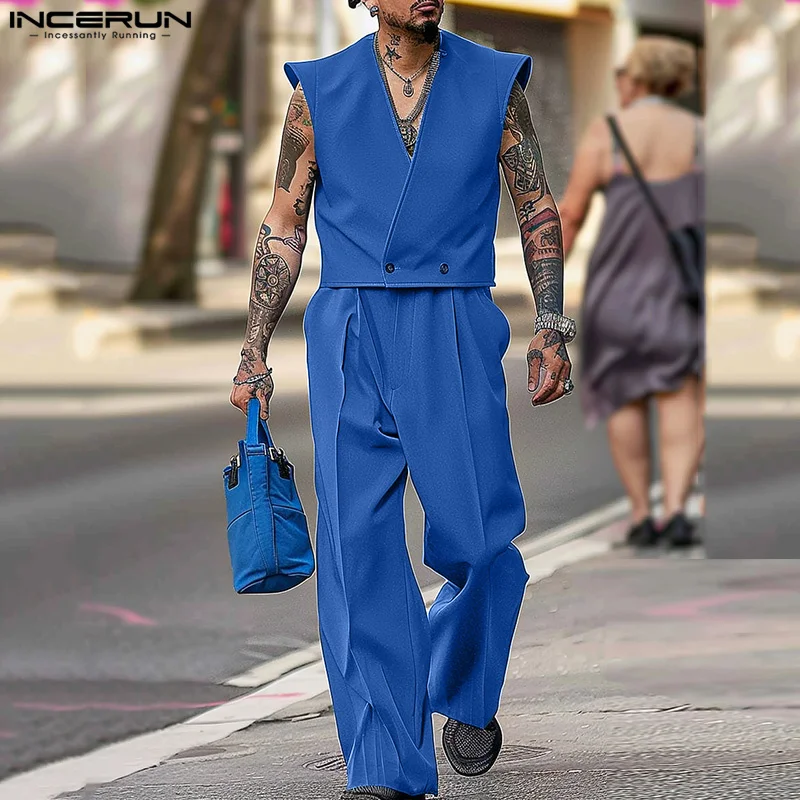 INCERUN 2024 American Style Fashion Sets Mens Sleeveless Cardigan Long Pants Casual Streetwear V-neck Solid Two-piece Sets S-5XL