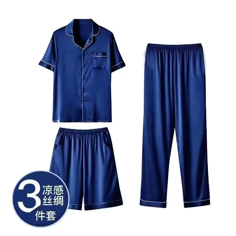 Large Size Men's Three-Piece Pajamas Summer Satin Silky Homewear Short-Sleeved Shorts Long Pants Suit Casual Loungewear Outwear