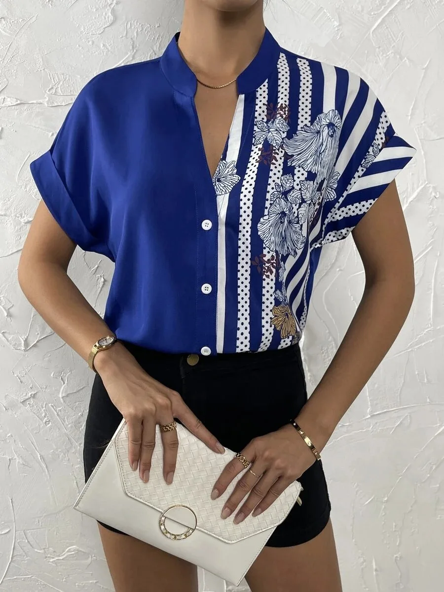 Elegant Women's Blouse Shirt Summer Colored Flower Button Cardigan Short Sleeve Shirt Top Bluzki Damskie Remeras Mujer Verano