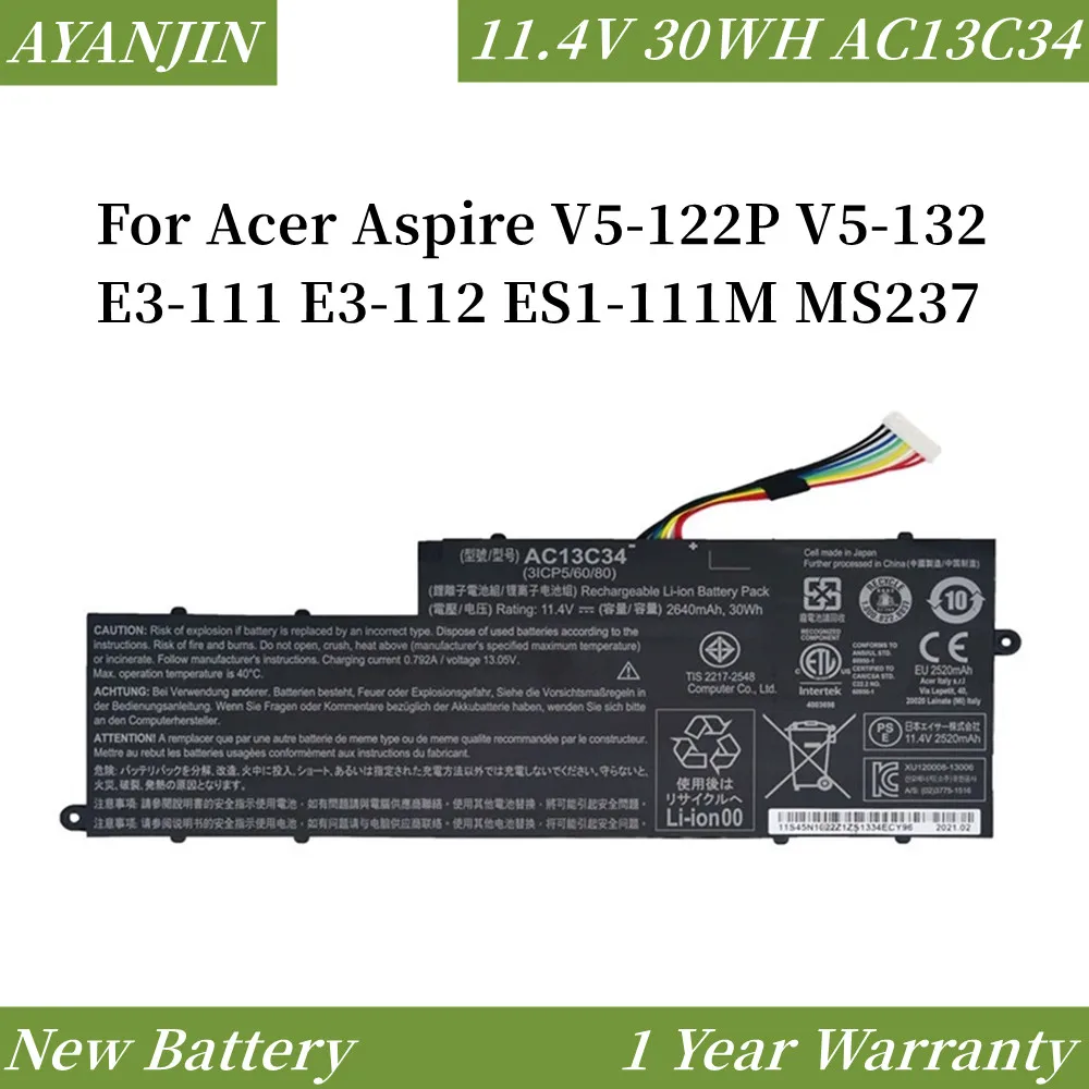 

New AC13C34 11.4V 2640mAh/30WH Laptop Battery For Acer Aspire V5-122P V5-132 E3-111 E3-112 ES1-111M MS237 KT.00303.005