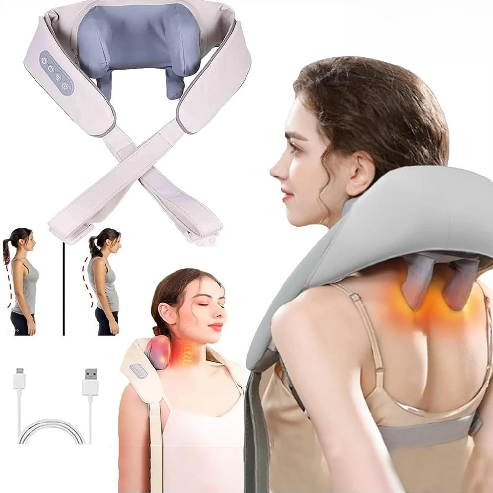 Massageador de Pescoço e Ombros com Aquecimento Infravermelho, Alívio da Tensão Muscular, Relaxamento Portátil e Recarregável