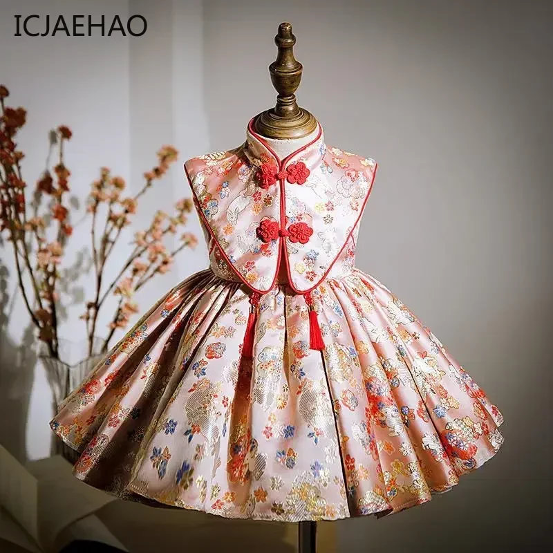 

ICJAEHAO 2024 Children Tang Suit Baby Kid Summer Red Dresses Matching Traditional Styles Chinese Cheongsams for Girls Outfits