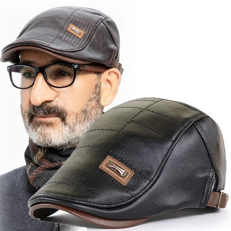 Moda masculina boina de couro do plutônio outono inverno viseira boné plano engrossar chapéu quente boinas vintage inglaterra newsboy bonés maior