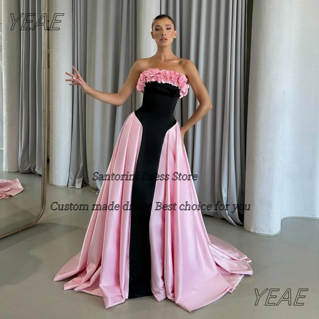 

Santorini Customized Black&Pink Satin Prom Dresses Flowers Strapless Robes De Soirée Sexy Back Vestidos Party Evening Gowns