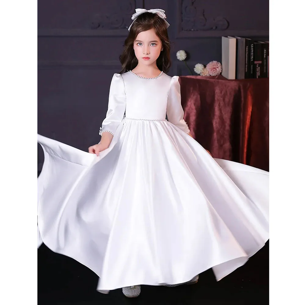 

Flower Girl Dress For Wedding Elegant White Satin Pearls With Bow Princess Kids Birthday Party First Communion Ball Gowns