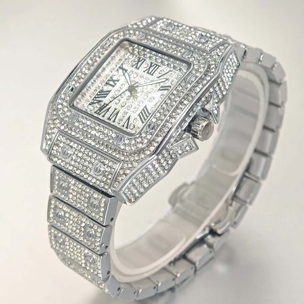 2025 핫세일 아이스드 워치 남성용 패션 방수 쿼츠 시계 남성 힙합 풀 다이아몬드 주얼리 손목시계 드롭쉬핑