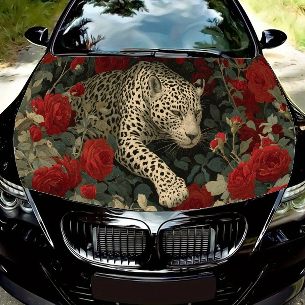 Leopard in Floral Field,Car Hood Decal, Self-Adhesive Waterproof PVC Car hood Sticker,Car Decoration Scratch Resistant Sticker P