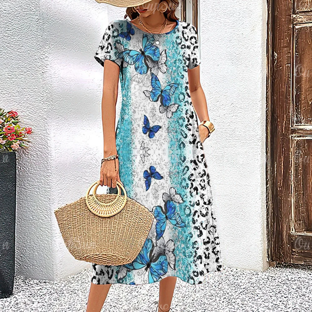 

2024 New Women's Dresses Elegant Butterfly Printed Summer Vacation Midi Dresses Feamle Short Sleeve Dress Fashion Oversized