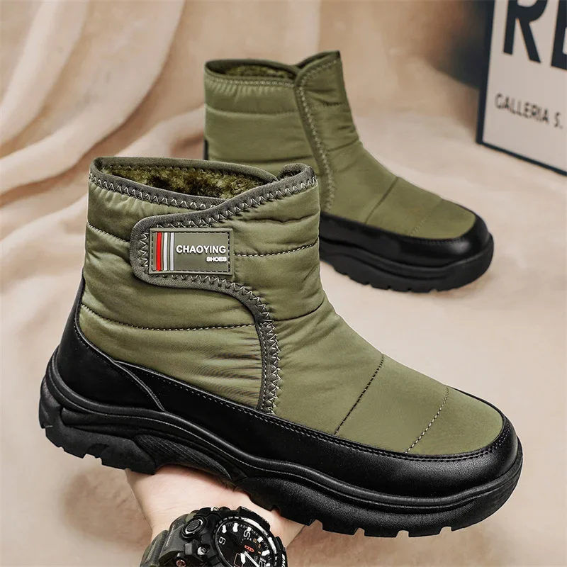 Botas de nieve de cuero para hombre, zapatos informales al aire libre, antideslizantes, de terciopelo grueso, calzado Popular