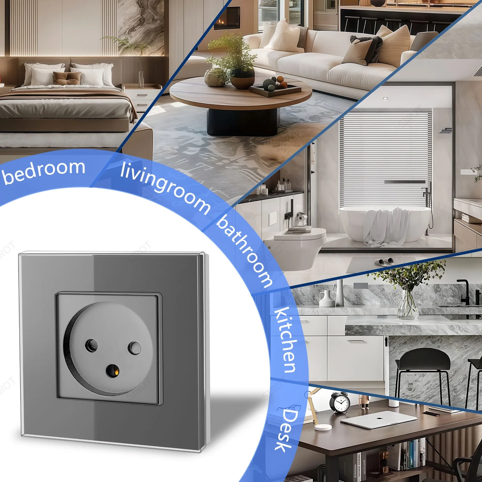 SIROT Israel Wall Power Switch Socket 16A, Grey Crystal Glass Panel USB Type C Electrical Outlet for Israeli Home Bedroom Office view 5