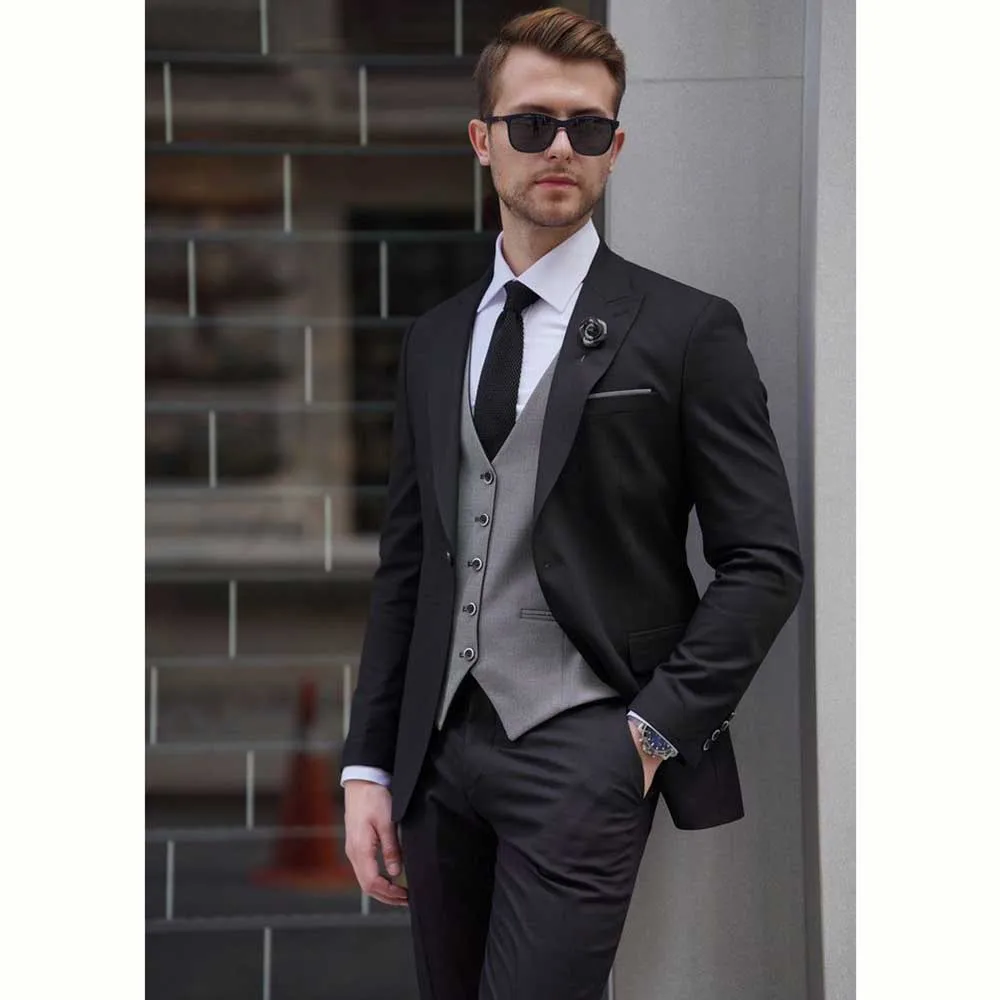 

Handsome Men's Suits 3 Piece Gray Vest Black Jacket Pants Blazer Sets Formal Wedding Party Business Gentleman Male Clothing