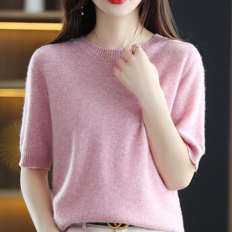 Hot Sale 100% Wool Women\'s Sweaters And Pullovers Autumn Female O-Neck Cashmere Clothing Short SLeeve Soft Jumper Tops Spring