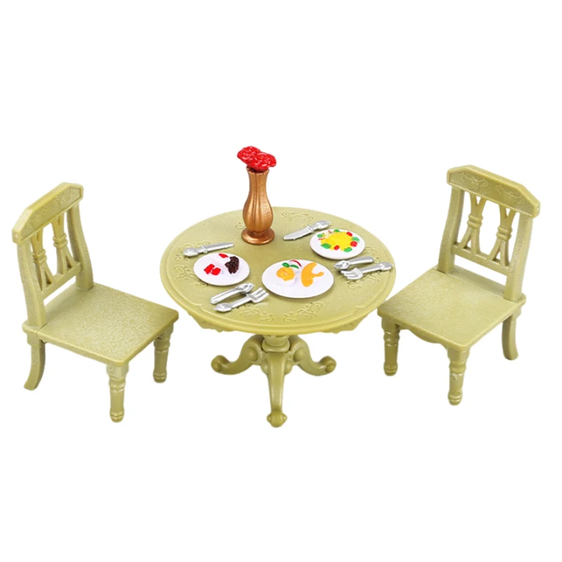 1/12 Dollhouse Miniature Double Table Chair Round Table Set Furniture Wooden Dining Table Chair Simulation Doll House Model Toys