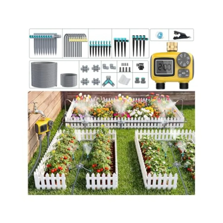

Drip Irrigation System with Sprinkler Timer Y-Type Zone Divider for 3 Zones 4 Types of Irrigation Emitters 52-Meter Drip Hose S