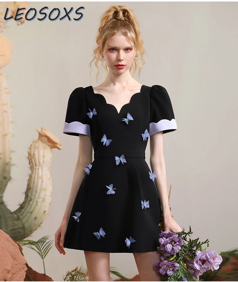 Chic Vintage Black Dress Women's Elegant Romantic Petal V-neck Fashion Commuter Butterfly Dress Streetwear Ladies Dresses